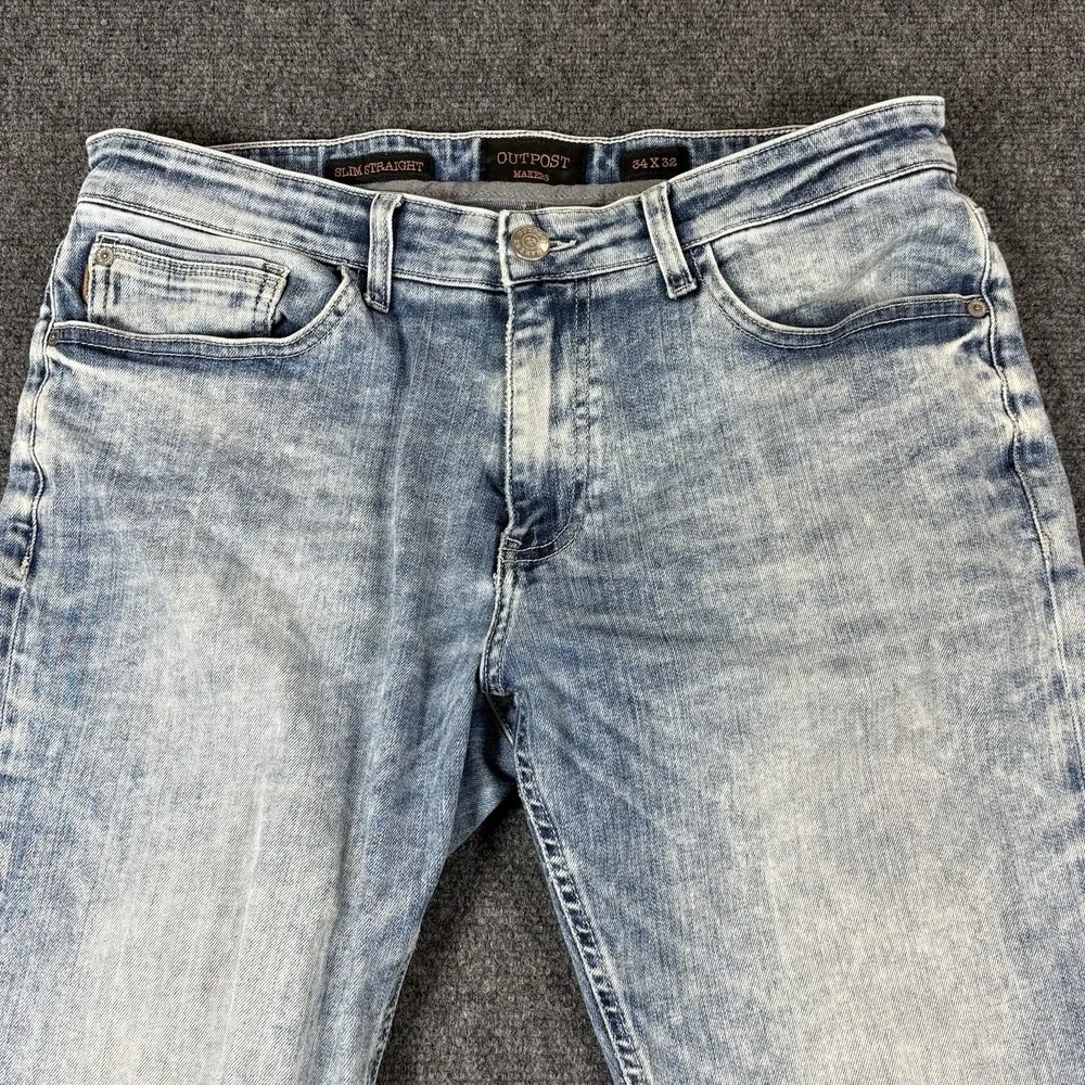 Outpost Makers Jeans Mens Slim Straight Medium Wash Zipper‎ Distressed 34x32